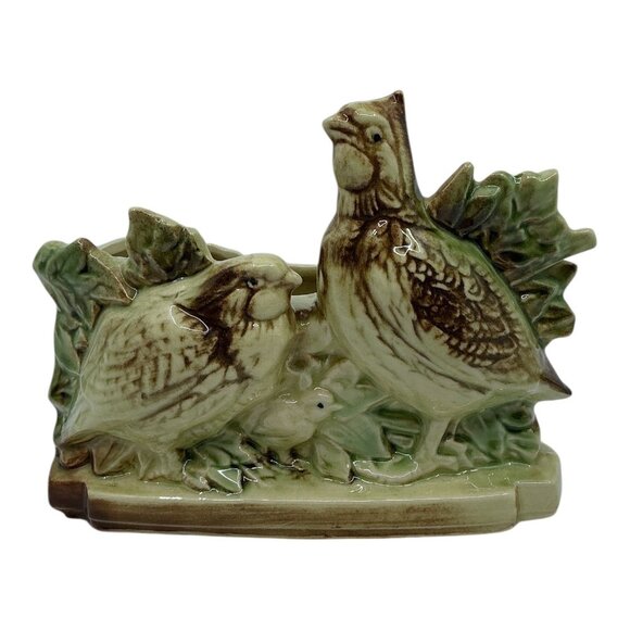 McCoy Vtg Ceramic Bird Planter Figurine Green Beige Brown Decorative MCM Crazing - Picture 3 of 10